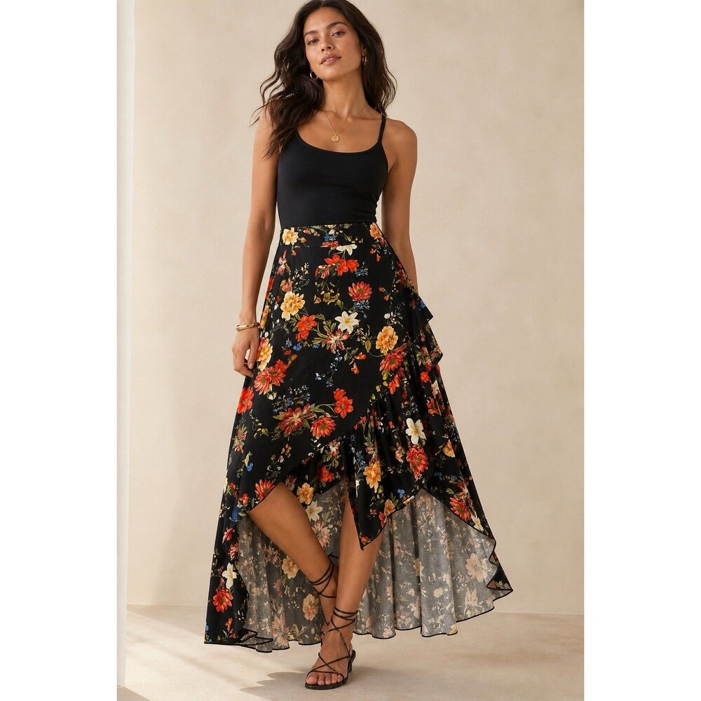 Farm Rio Anthropologie Floral Asymmetrical Ruffle Skirt Size L NWT